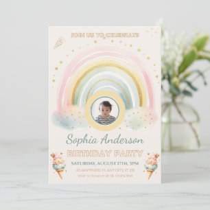 Invitación Crema pastel arcoiris y helado, foto personalizado