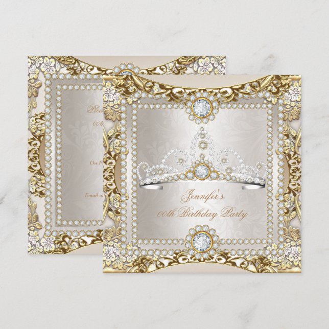 Invitación Crema Princesa de Oro Diamante Tiara Fiesta de Cum (Anverso / Reverso)
