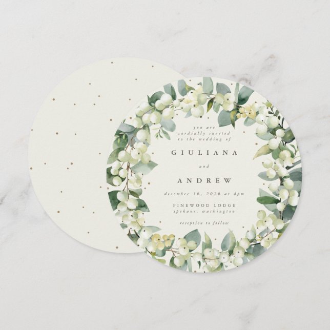 Invitación Crema redonda Snowberry+Eucalyptus Wreath Boda (Anverso / Reverso)