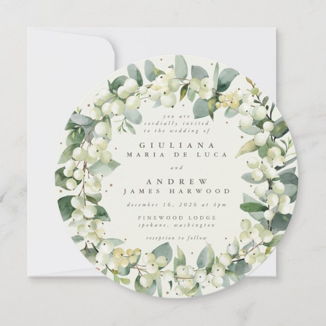 Invitación Crema redonda Snowberry + Eucalyptus Wreath Boda (Anverso)