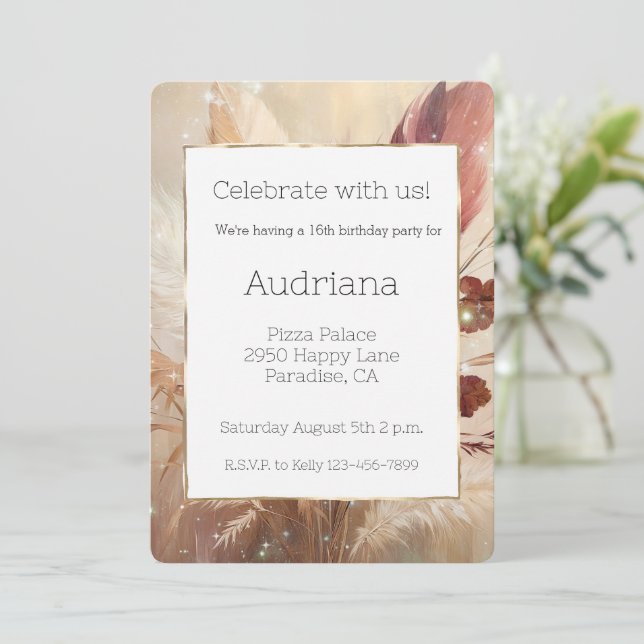 Invitación Crema Roja Boho Feather Floral 16 cumpleaños (Anverso de pie)