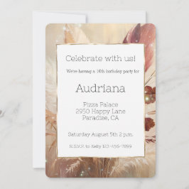 Invitación Crema Roja Boho Feather Floral 16 cumpleaños