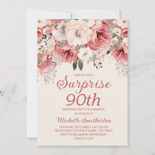 Invitación Crema Rojo Rosa Watercolor Floral Sorpresa 90