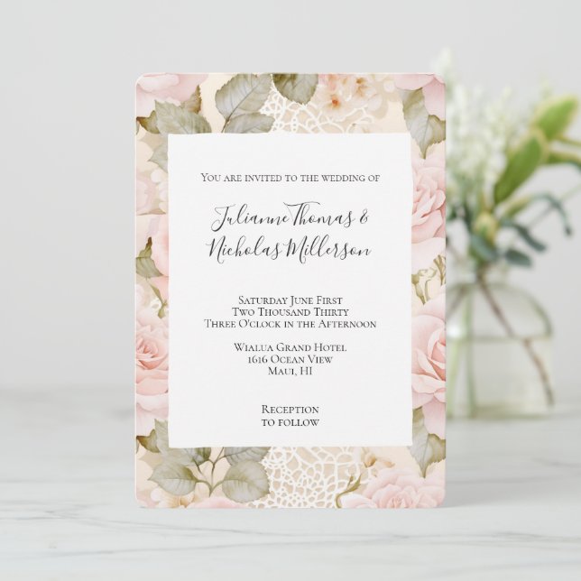 Invitación Crema romántica Rubor rosa Roses Boda floral (Anverso de pie)