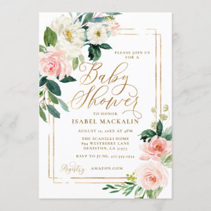 Invitación Crema rosa color de agua verde floral Baby Shower