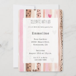 Invitación Crema rosa Corazones Leopard Stripes Cumpleaños
