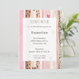 Invitación Crema rosa Corazones Leopard Stripes Cumpleaños