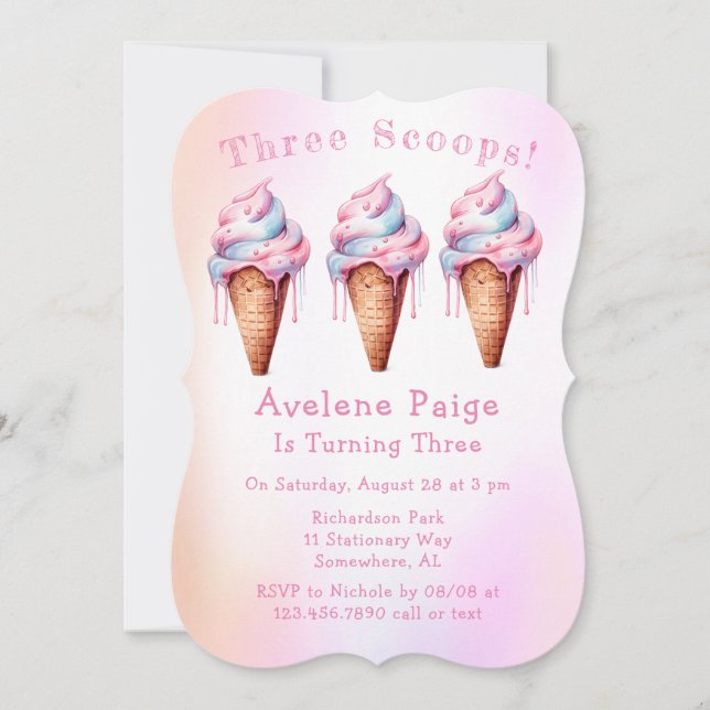 Invitación Crema rosa de hielo azul Tres copas Fiesta de cump (Anverso)