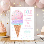 Invitación Crema rosa de hielo cuarto cumpleaños<br><div class="desc">Esta encantadora invitación muestra mi cono de helado color agua pintado a mano con adornos falsos purpurinas de oro.</div>