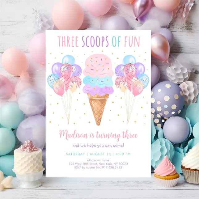 Invitación Crema rosa de hielo Tres copas de cumpleaños diver (Subido por el creador)