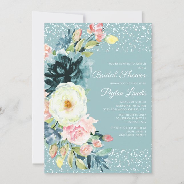 Invitación Crema rosa Floral Stardust Verde azulada ducha de  (Anverso)
