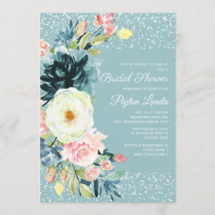 Invitación Crema rosa Floral Stardust Verde azulada ducha de 