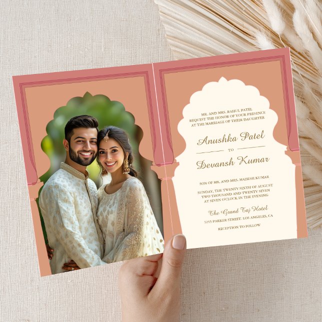 Invitación Crema Rosa Foto Arco Tradicional Indio Boda (Subido por el creador)