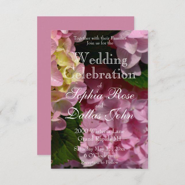 Invitación Crema rosa Hidrángulos Boda floral rosa amarillo (Anverso / Reverso)