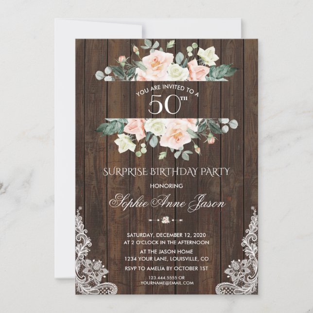 Invitación Crema rosa Rubor Floral Lace 50 cumpleaños (Anverso)