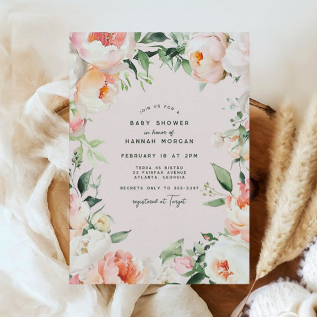 Invitación Crema rosa Rubor Peony Flor Baby Shower (Subido por el creador)