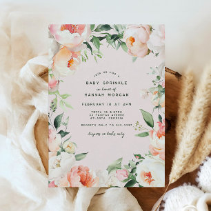 Invitación Crema rosa Rubor Peony Floral Baby Sprinkle