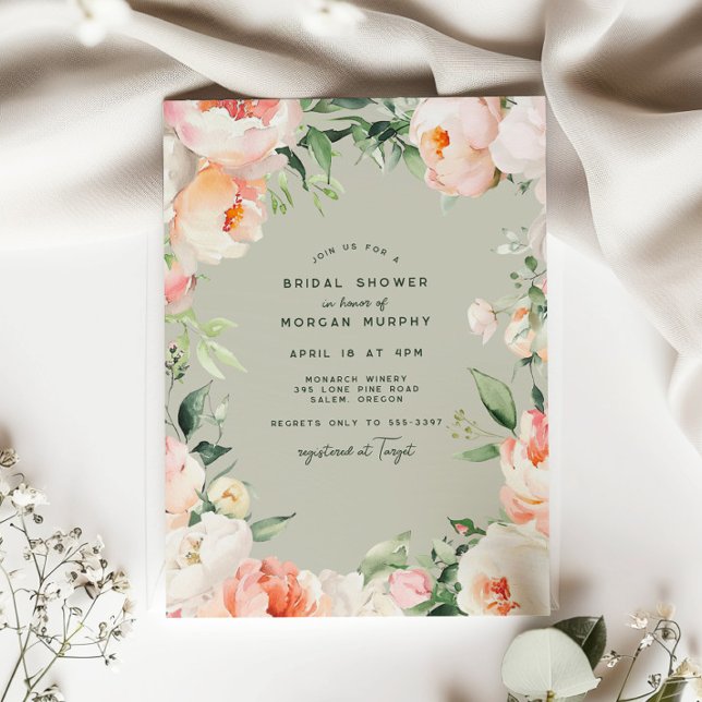 Invitación Crema rosa Rubor Peony Floral deja ducha de novia (Subido por el creador)