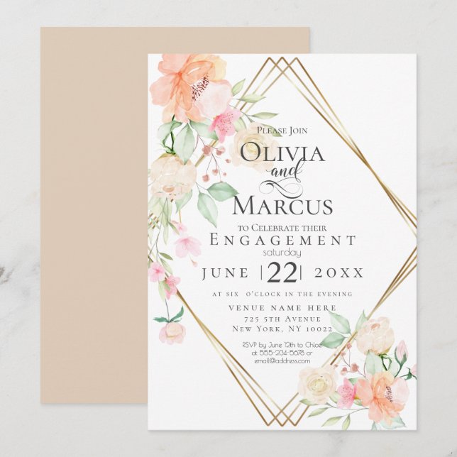 Invitación Crema Rosada de Compromiso Coral Primavera Ramo Fl (Anverso / Reverso)