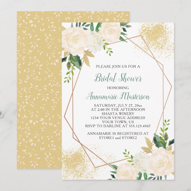 Invitación Crema Rosas Blancas Verdor Ducha Geométrica Bridal (Anverso / Reverso)