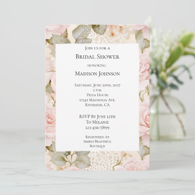 Invitación Crema Rubor Rosa Rosa Rosa Floral Ducha De Novias (Anverso de pie)