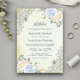 Invitación Crema Rústica Azul Suave Encaje Floral Musulmán Bo