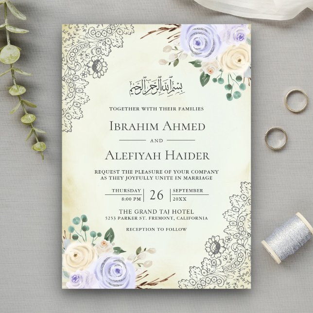Invitación Crema rústica morado floral encaje musulmán Boda (Subido por el creador)