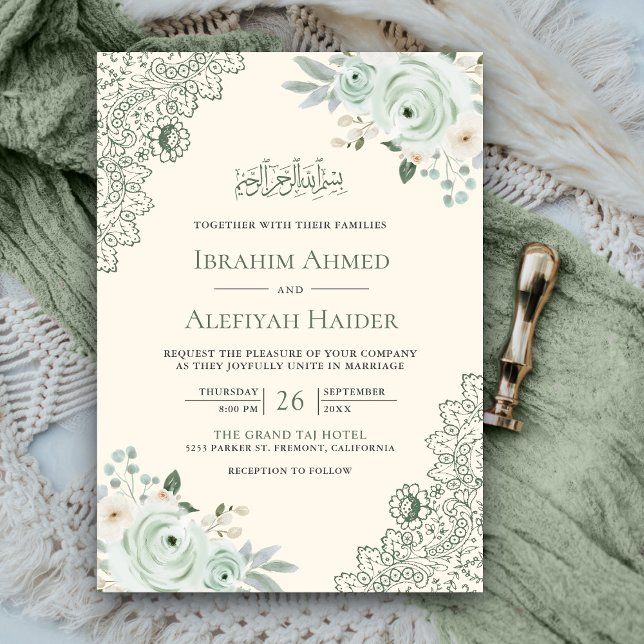 Invitación Crema rústica Sage Green Floral Lace Boda Musulman (Subido por el creador)