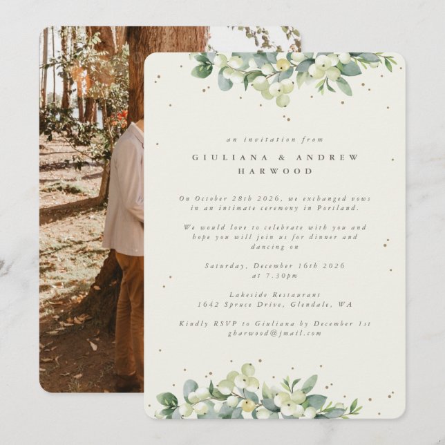 Invitación Crema Snowberry+Eucalyptus Foto de la recepción de (Anverso / Reverso)