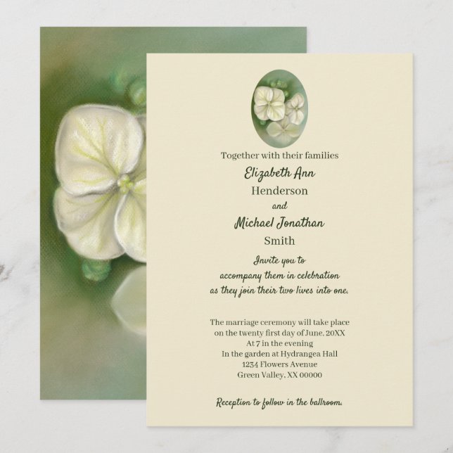 Invitación Crema suave Pastel blanco Hidrangea Boda floral (Anverso / Reverso)