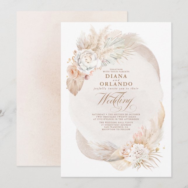 Invitación Crema suave pastel y Boda del Boho floral de marfi (Anverso / Reverso)