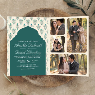 Invitación Crema Teal Ikat Todo en Uno Boda India