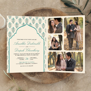Invitación Crema Verde azulada Ikat all en un Boda indio