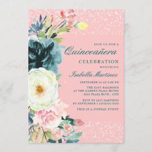 Invitación Crema Verde azulada rosa Floral Quinceanera Cumple