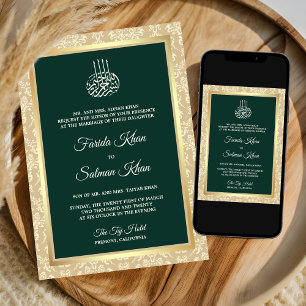 Invitación Crema verde esmeralda Damasco Boda musulmana islám