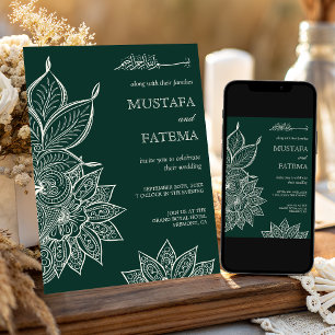 Invitación Crema Verde Esmeralda Mehndi Henna Boda Musulmana