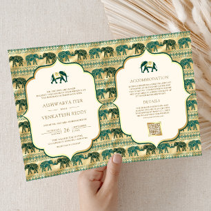 Invitación Crema Verde Esmeralda Oro Elefante Boda India