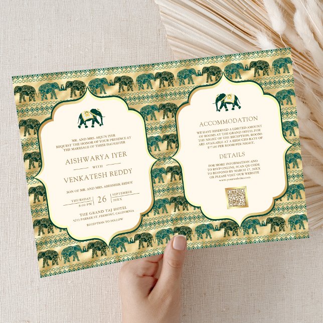 Invitación Crema Verde Esmeralda Oro Elefante Boda India (Subido por el creador)