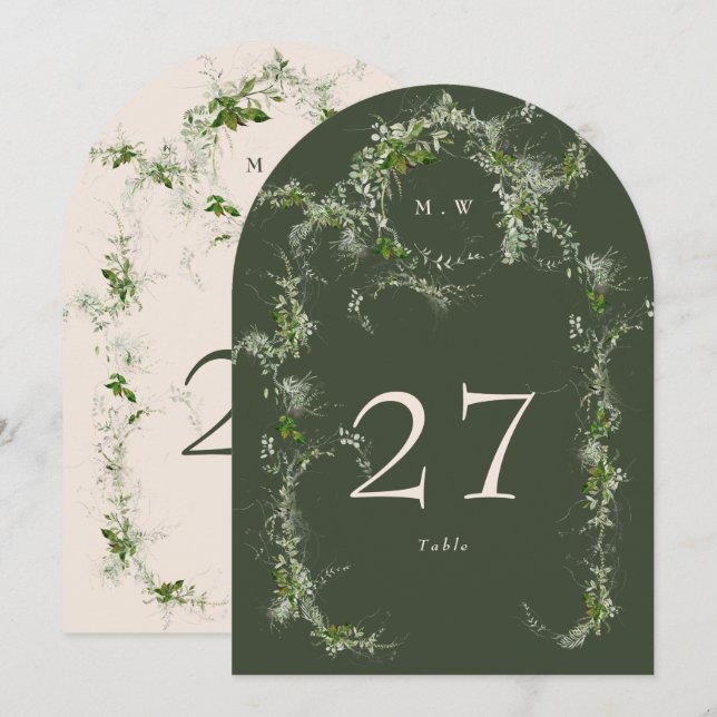 Invitación Crema Verde Eucalyptus Wreath Arch Número de tabla (Anverso / Reverso)