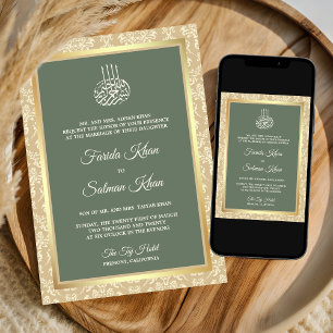 Invitación Crema Verde Salvia Damasco Boda Islámica Musulmana