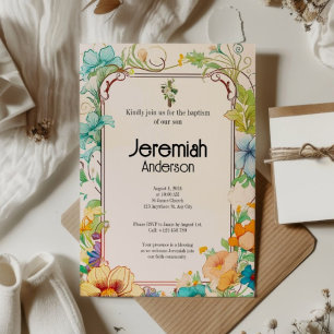 Invitación Crema Verde Sencillo Elegante Baptismo Floral Cató