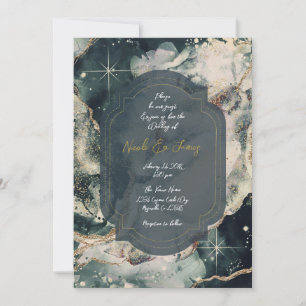 Invitación Crema Verde Turquesa Aquarela Boda Celestial Dorad