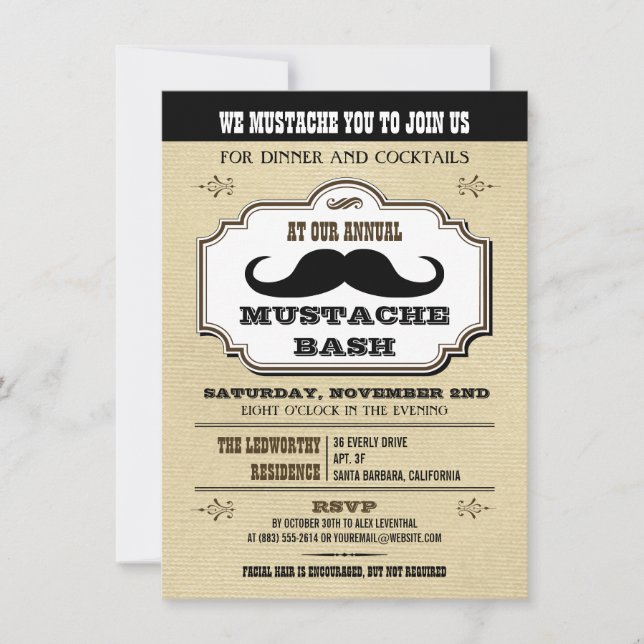 Invitación Crema vintage y bigote marrón (Anverso)