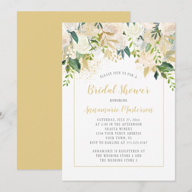 Invitación Crema White Roses Gold Accents Bridal Shower (Anverso / Reverso)