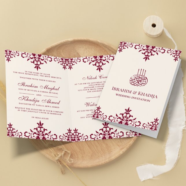 Invitación Crema y Borgoña Damasco Boda musulmana islámica (Subido por el creador)
