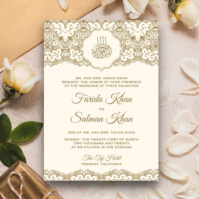 Invitación Crema y encaje de oro Boda musulmán islámico (Subido por el creador)