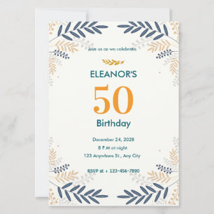 Invitación Crema y floral de oro 50 cumpleaños