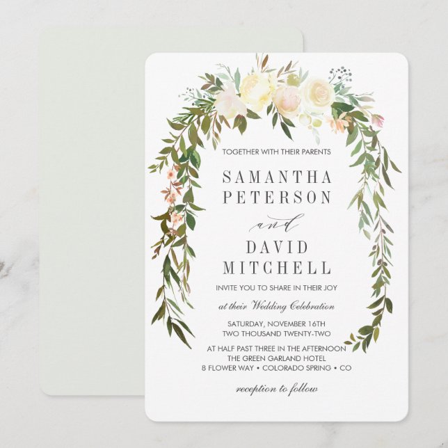Invitación Crema y gris | Boda Floral de Garland Botánico (Anverso / Reverso)