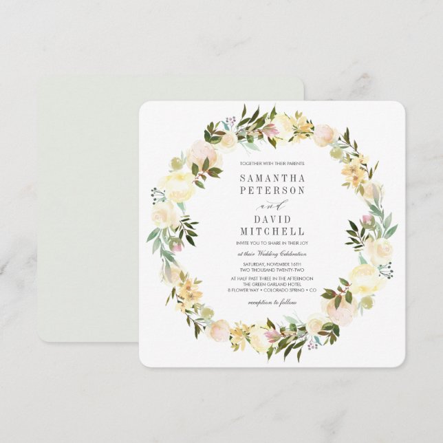 Invitación Crema y gris | Boda Floral de Garland Botánico (Anverso / Reverso)