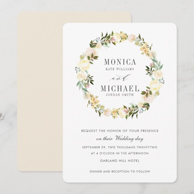 Invitación Crema y marfil | Boda de guirnaldas florales botán (Anverso / Reverso)